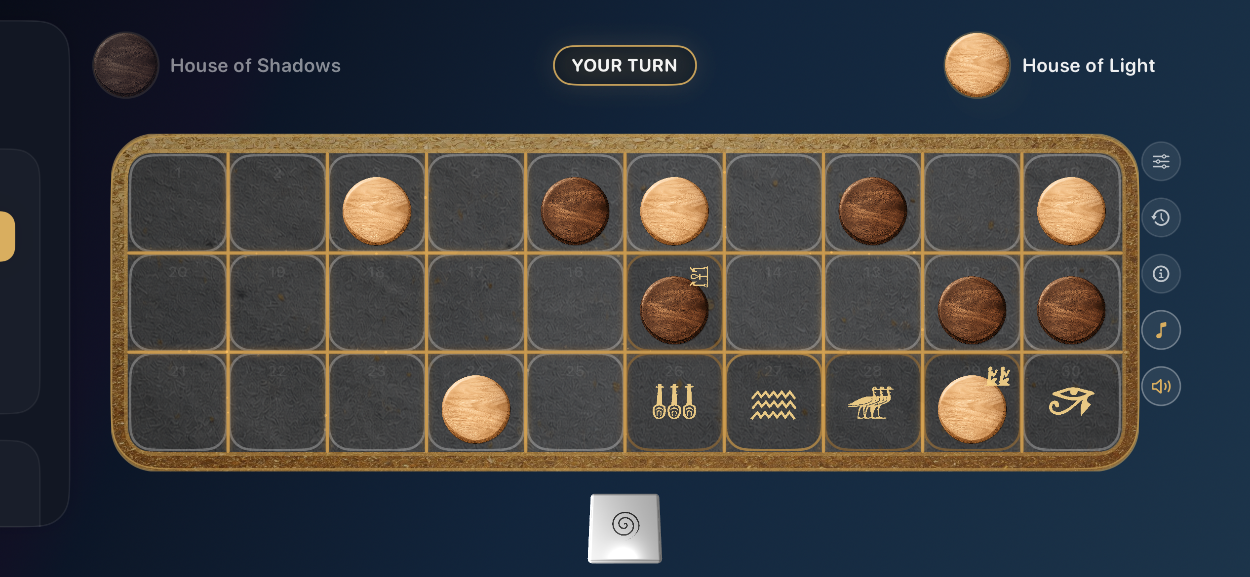 Senet Reborn Board-Ansicht mit Markierungen fuer moegliche Zuege